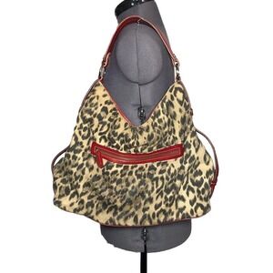 Vtg Y2K Purse Leopard Print Hobo Shoulder Bag Red Trim Canvas Liz Claiborne